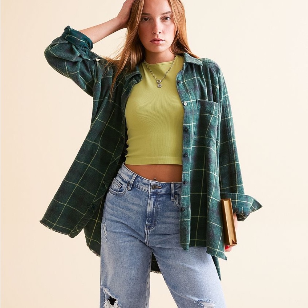 Gilded Intent Buckle Faded Wash Plaid Flannel Button-Down Shirt Raw Hem Large - Picture 2 of 10